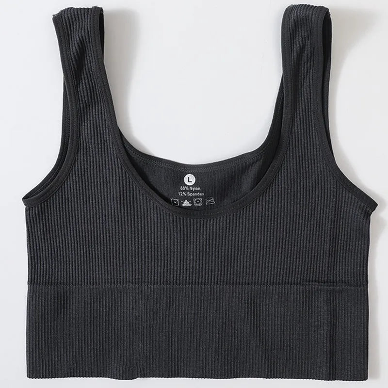 RibSculpt™ seamless ribbed camisole in black, made from nylon and spandex, perfect for fitness and summer wear.