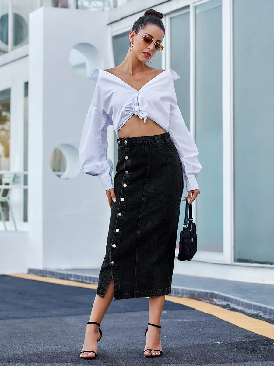 SpiceShape™ – Button Bodycon Denim Skirt (Autumn/Winter Streetwear)
