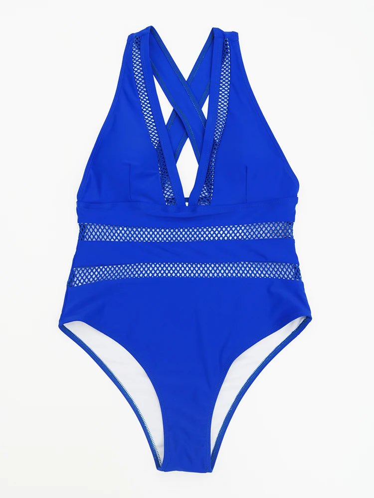 Women Mesh Patchwork Deep V One Piece Swimsuit