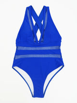 Women Mesh Patchwork Deep V One Piece Swimsuit