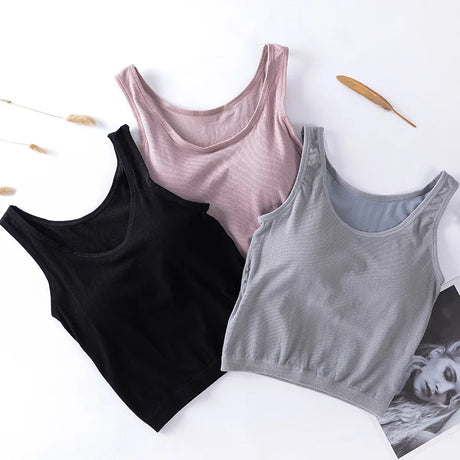 Three colors of KnitMuse™ sexy knitted padded camisoles, including black, pink, and gray, displayed on a flat surface.