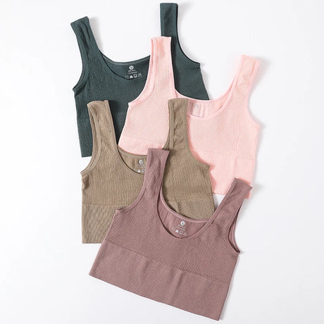 Set of five RibSculpt™ seamless ribbed camisoles in various colors, ideal for summer fitness and casual style.