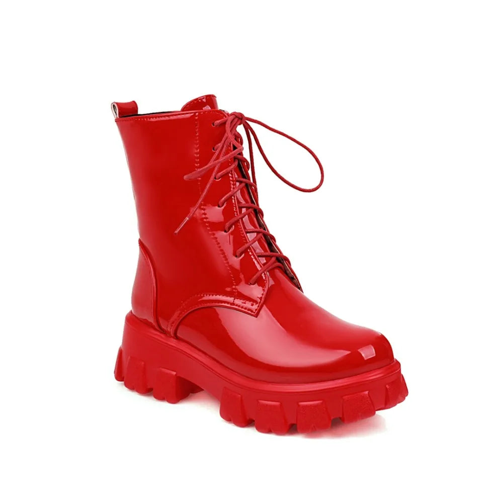 Women Patent Leather Platform Ankle Boots – High Heel Autumn Winter