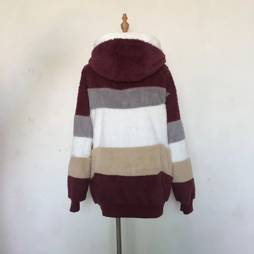 Warm Plush Patchwork Hooded Winter Coat