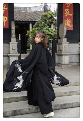 Adult Han Dynasty couple costume featuring a black swordsman outfit with intricate designs, suitable for various sizes.