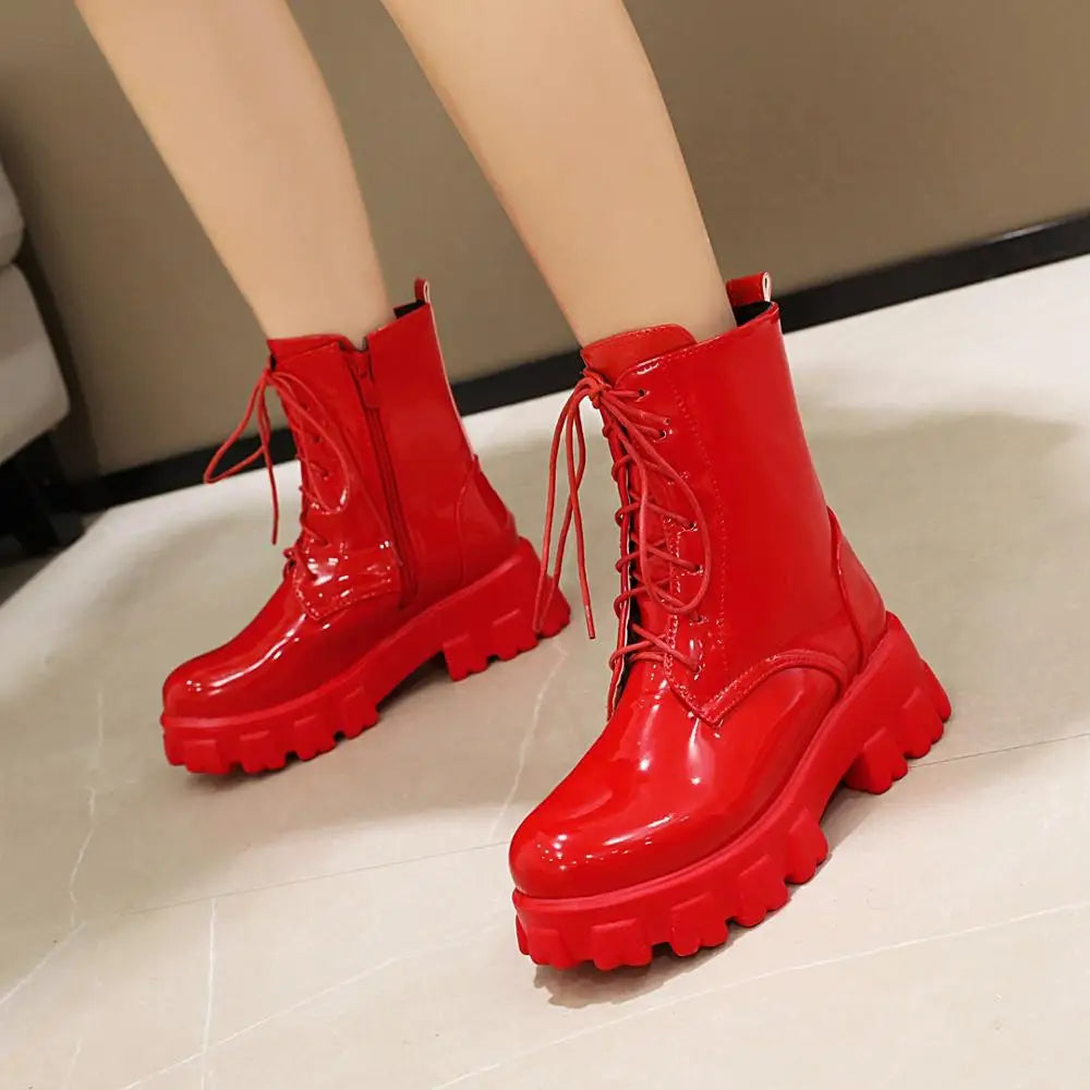 Women Patent Leather Platform Ankle Boots – High Heel Autumn Winter