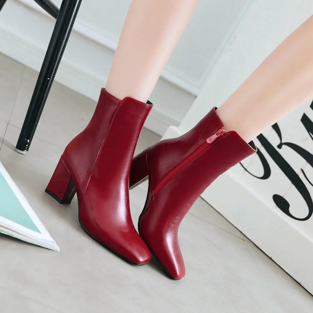 Women Side Zipper Mid-Heel Ankle Boots – Winter Casual Shoes