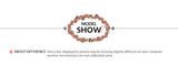 Model show with floral design and note about color differences on monitors for accurate product display.