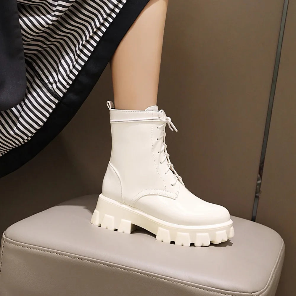 Women Patent Leather Platform Ankle Boots – High Heel Autumn Winter