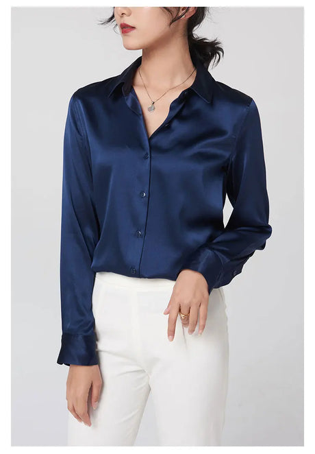SatinGrace™ long sleeve silk shirt in navy blue, featuring a V-neck and single breasted closure for women.