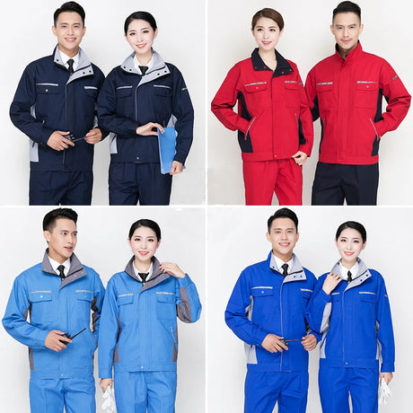 Men and women in durable work clothing sets, featuring various colors and styles for utility and safety.