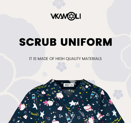 Cartoon Print Scrub Top by VKAMOLI made of high-quality materials, featuring a fun, colorful design perfect for medical professionals.