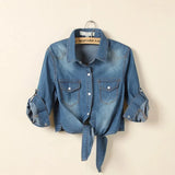 DenimDrape™ short sleeve kimono shirt with tie front, featuring a turn-down collar and stylish denim fabric.