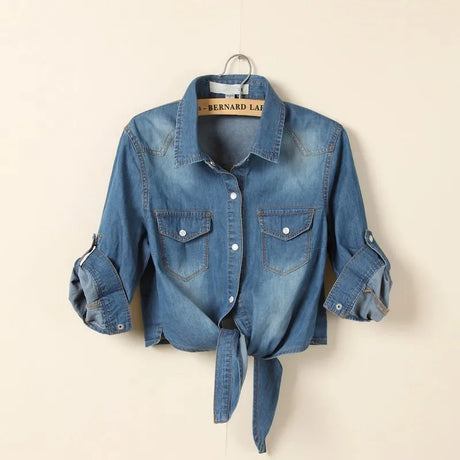 DenimDrape™ short sleeve kimono shirt with tie front, featuring a turn-down collar and stylish denim fabric.