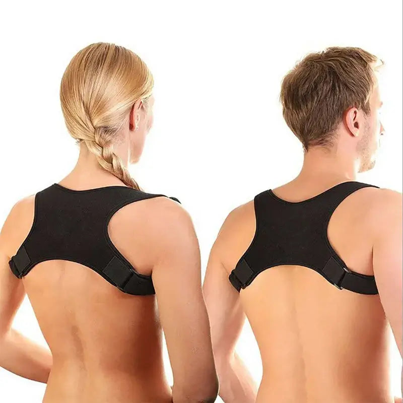 Adjustable posture corrector back brace support worn by two people from the back, showcasing its design and fit.