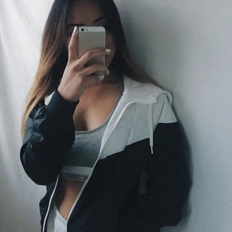 Women Plus Size Patchwork Hooded Sport Jacket