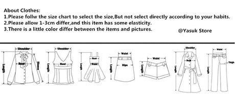 Size chart for clothing with measurements and fitting guidance from Yasuk Store.
