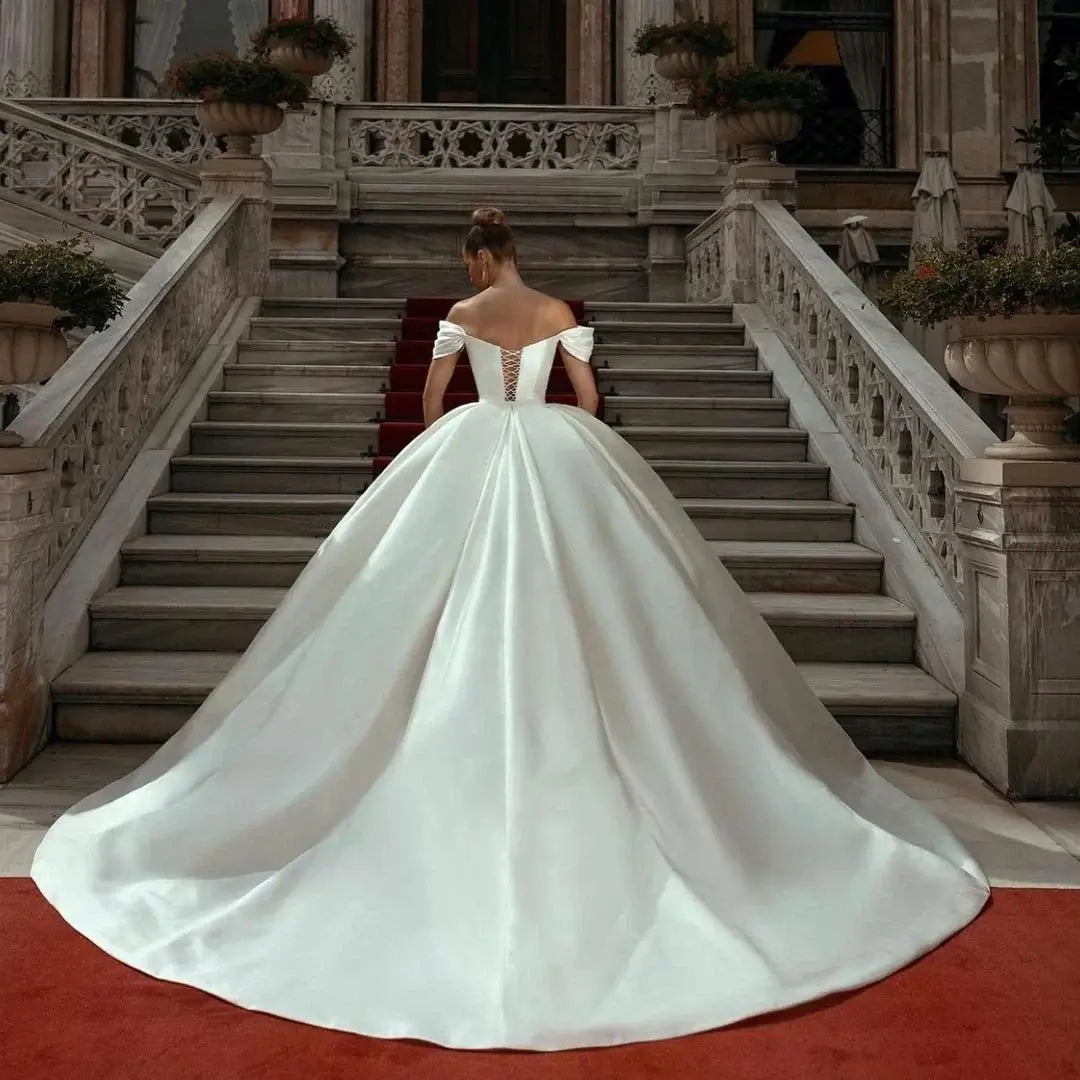 Women Off Shoulder Satin Wedding Dress Lace Up Back