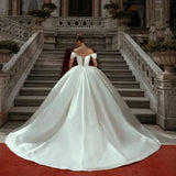Women Off Shoulder Satin Wedding Dress Lace Up Back