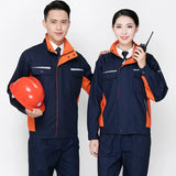 Unisex durable work clothing set featuring a man and woman wearing protective jackets and safety helmet in a workshop setting.