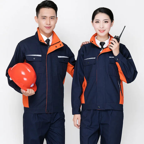 Unisex durable work clothing set featuring a man and woman wearing protective jackets and safety helmet in a workshop setting.