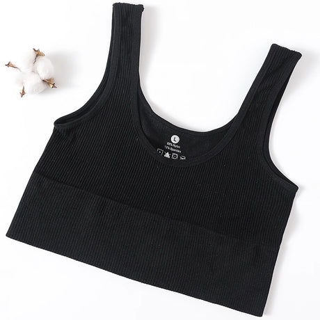 RibSculpt™ seamless ribbed camisole in black for women, wireless and fitness-ready, made with nylon and spandex.