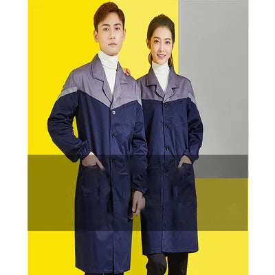Two models wearing durable navy blue workshop coveralls with reflective stripes for utility and safety.