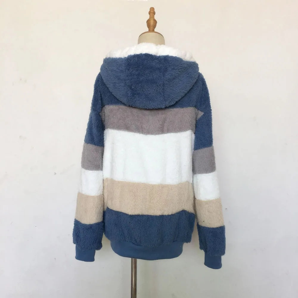 Warm Plush Patchwork Hooded Winter Coat