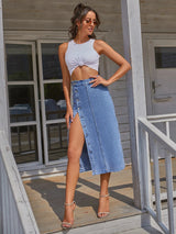 SpiceShape™ – Button Bodycon Denim Skirt (Autumn/Winter Streetwear)