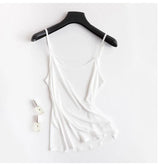 HalterSilk™ U-Neck Mulberry Silk Cami in white on hanger, featuring solid straps for lightweight summer wear.