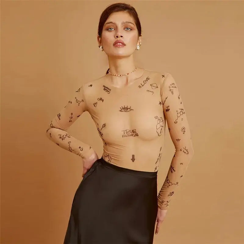 Women Slim Long Sleeve Print Bodysuit