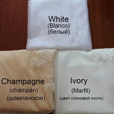 Swatches of fabrics in White, Champagne, and Ivory with lace details and multilingual labels.