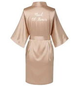 Rose gold satin Maid of Honor robe with short sleeves and tie waist, perfect for bridesmaids.