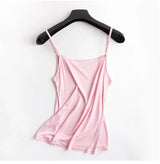 Lightweight pink U-neck silk camisole on a hanger, perfect for summer casual wear.