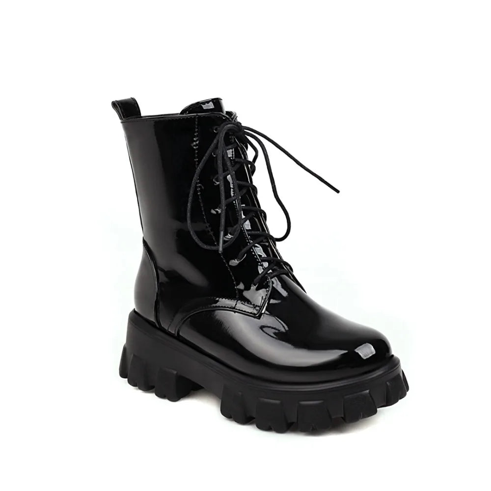 Women Patent Leather Platform Ankle Boots – High Heel Autumn Winter