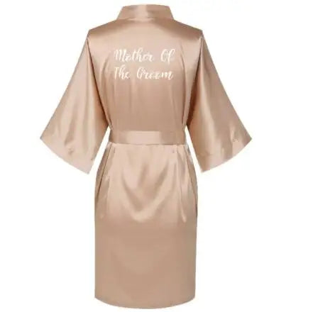 Rose gold satin robe for mothers of the bride, featuring short sleeves and stylish belt.