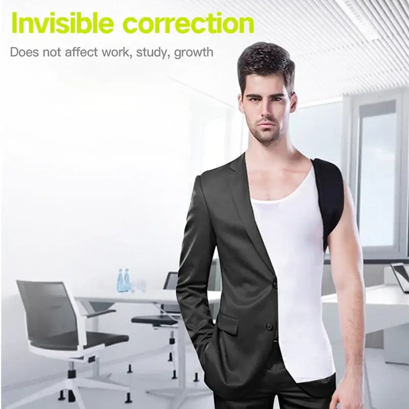 Invisible posture corrector worn under suit, enhancing back support without affecting daily activities.