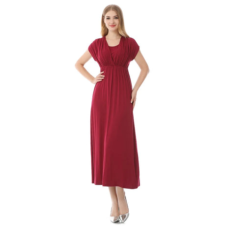 Soft fabric maternity dress in burgundy, perfect for nursing and postpartum wear, featuring a v-neck and mid-calf length.