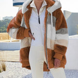 Warm Plush Patchwork Hooded Winter Coat