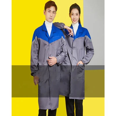 Unisex workshop coveralls in blue and gray, featuring a durable design for utility and safety.