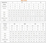 Size chart showing standard and plus sizes for clothing, including bust, waist, hips, and height measurements.