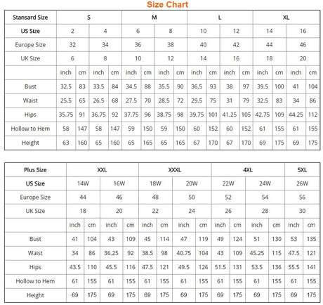 Size chart showing standard and plus sizes for clothing, including bust, waist, hips, and height measurements.