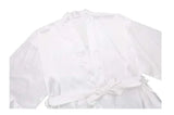 Elegant white satin bridesmaid robe with a tied waist, perfect for wedding day preparations.