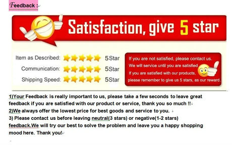 Customer feedback request graphic highlighting 5-star ratings for service and products.