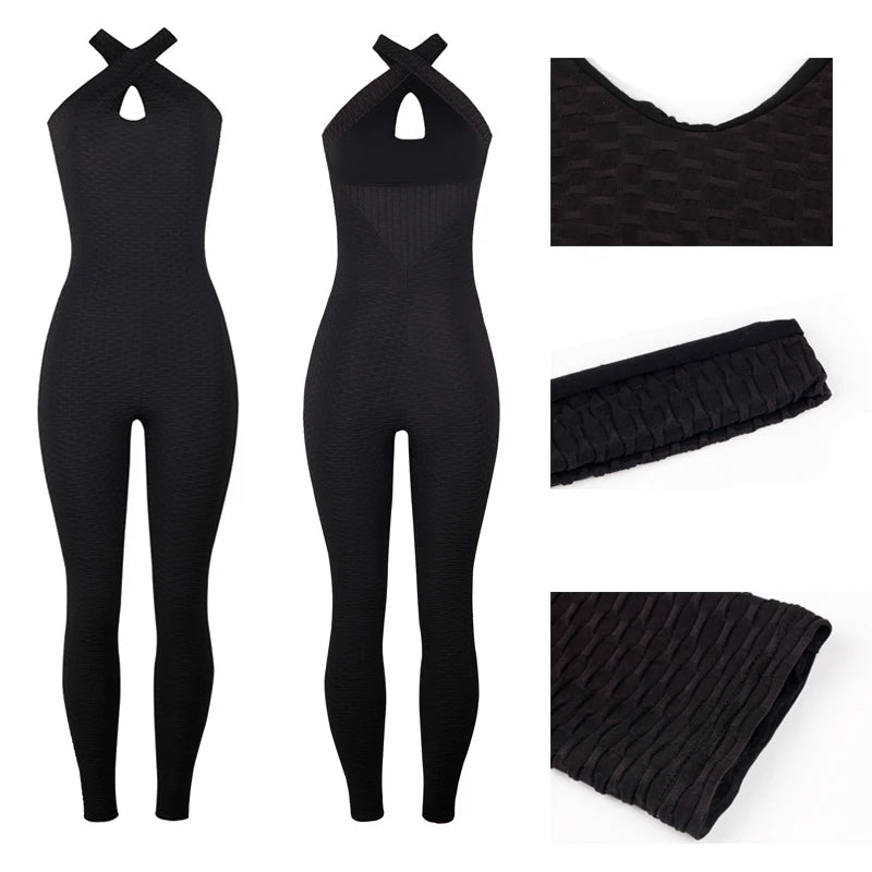 GymHalo™ – Backless Halter Skinny Jumpsuit (Fitness-Focused, Breathable & Bold)