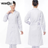 Women’s lab coat by Vkamoli showcasing front and back views, featuring button pockets and long sleeves, ideal for medical workwear.