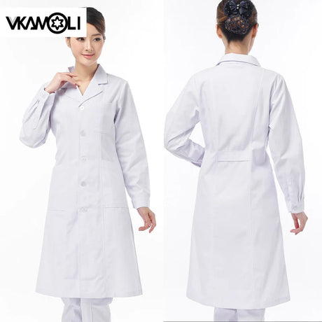 Women’s lab coat by Vkamoli showcasing front and back views, featuring button pockets and long sleeves, ideal for medical workwear.