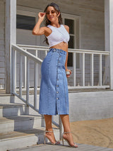 SpiceShape™ – Button Bodycon Denim Skirt (Autumn/Winter Streetwear)