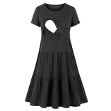 Dark grey sleeveless nursing dress with a stylish cutout for breastfeeding, perfect for summer maternity wear.