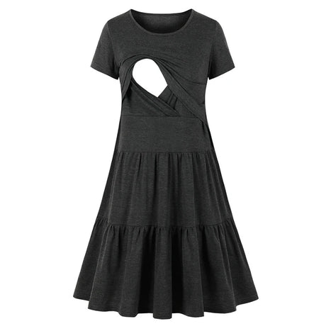 Dark grey sleeveless nursing dress with a stylish cutout for breastfeeding, perfect for summer maternity wear.